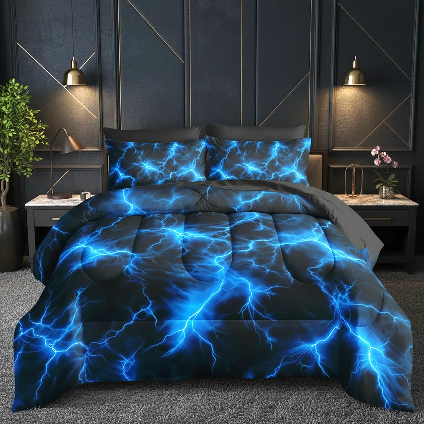 QOOMO Blue Lightning 7 Pieces Comforter Set Queen Size,Lightning Bedding Set for Kids-Include 1 Comforter,1 Fitted Sheet,1 Flat Sheet,2 Printing Pillowcases and 2 Black Pillowcases