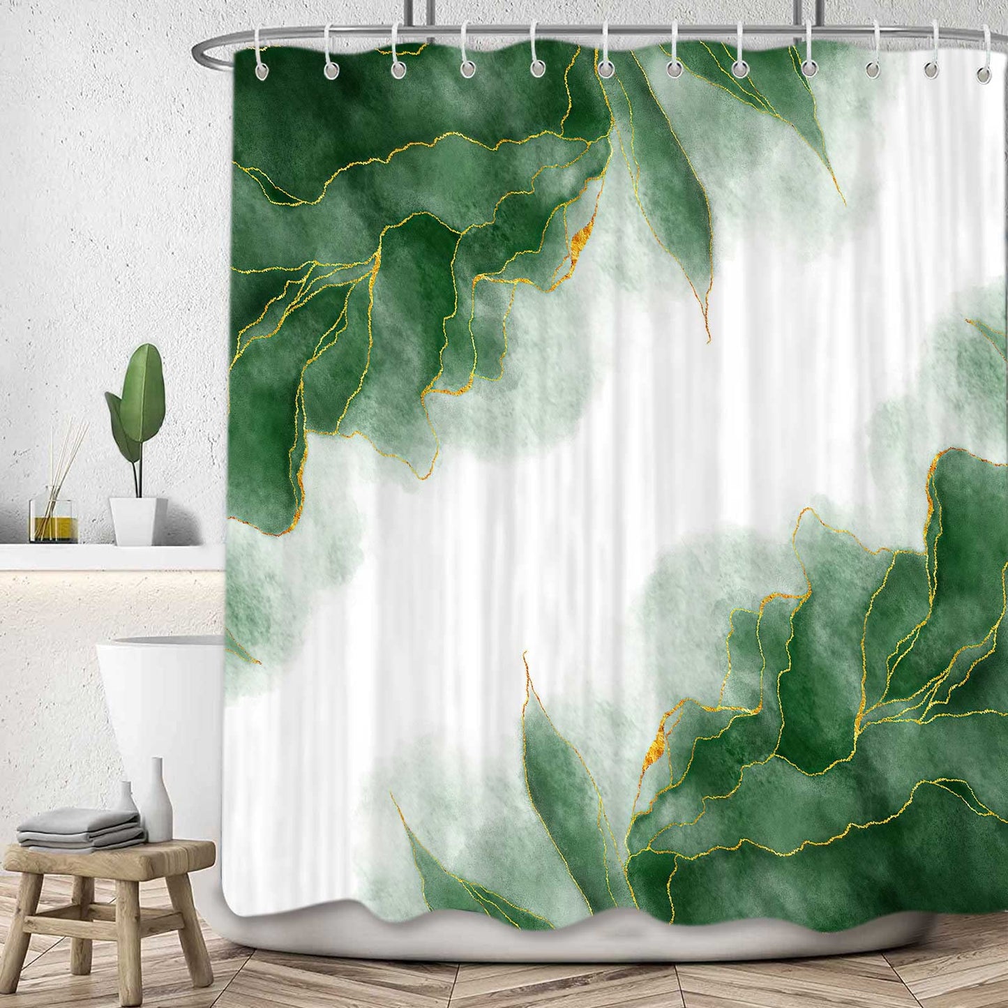 MERCHR Green and Gold Marble Shower Curtain, Dark Emerald Sage Hunter Olive Green Fabric Shower Curtains Set for Bathroom, Modern Golden White Restroom Decor Accessories with Hooks 72X 72 Inch