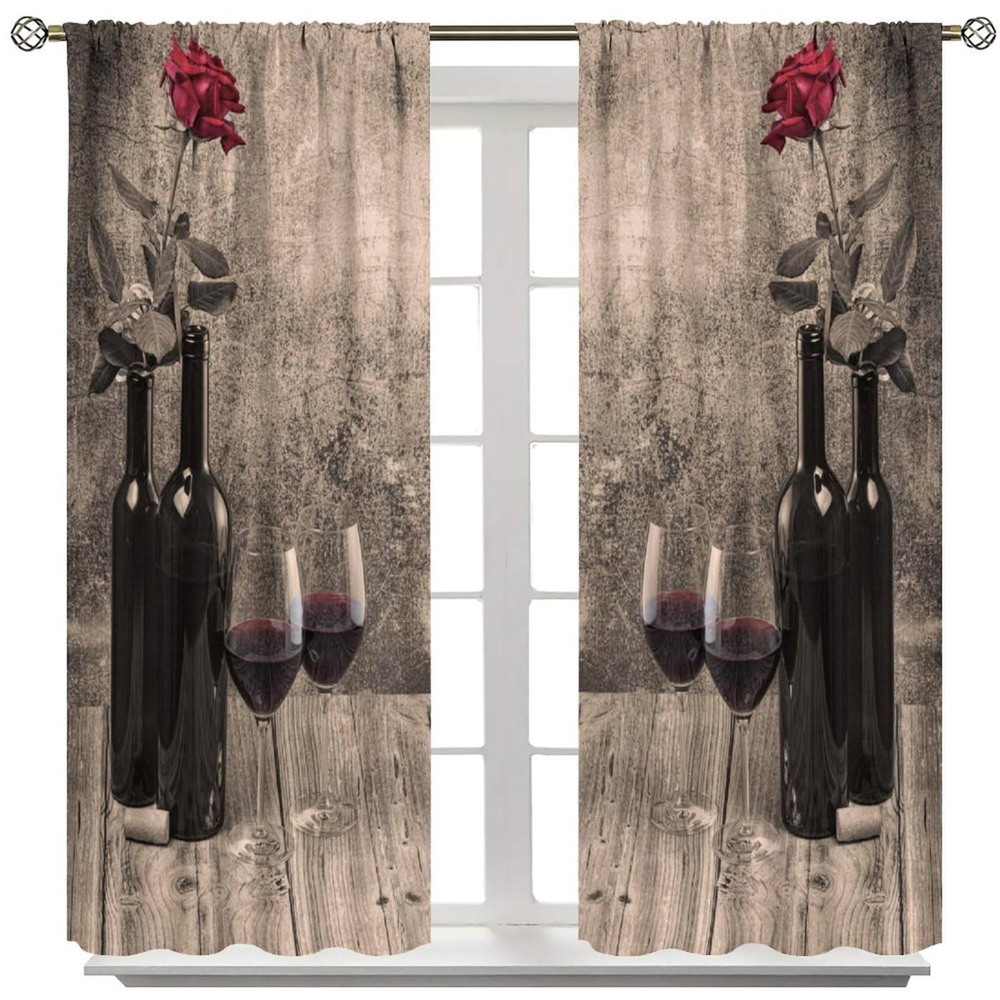 Fblifil Farmhouse Wine Curtains Rustic Retro Rose Wooden Board Printed Rod Pocket Window Drapes for Living Room Bedroom Kitchen Cafe Bar Decor 42" W X 45" L