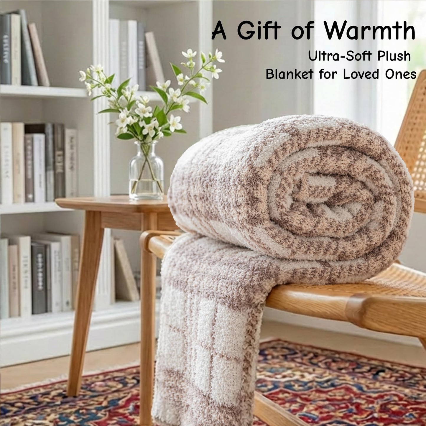 DXRZEXAM Stretch Knit Throw Blanket 47"x59" Soft Fleece Checkered Blanket All Season Breathable Non-Shedding Cozy for Couch Bed Office Lap Wrap Camping Trip 550GSM Khaki Beige Plaid