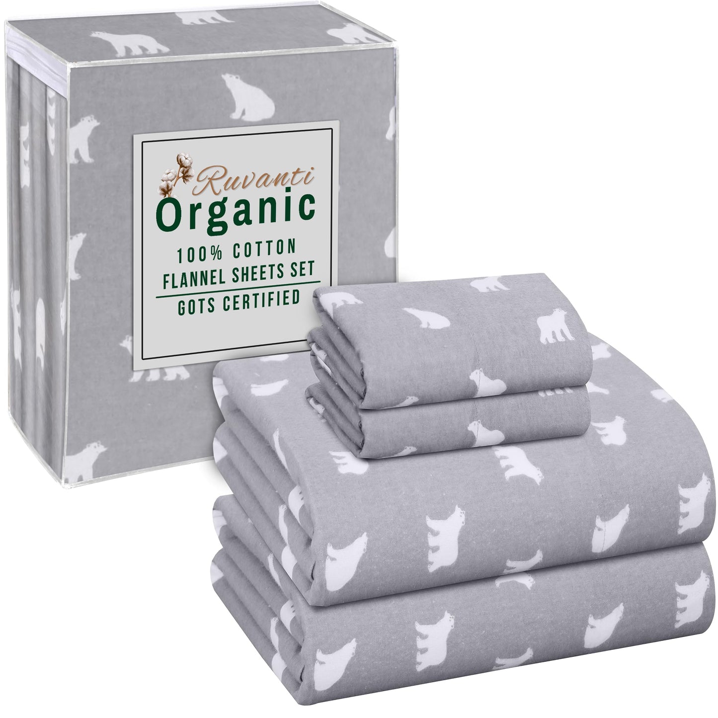 RUVANTI Flannel Sheets Queen Size - GOTS Certified 100% Organic Cotton, 4 Piece Warm, Soft & Breathable Set, Deep Pocket Snug Fit, Double Brushed Cozy All Season Bedding, Baby Bear
