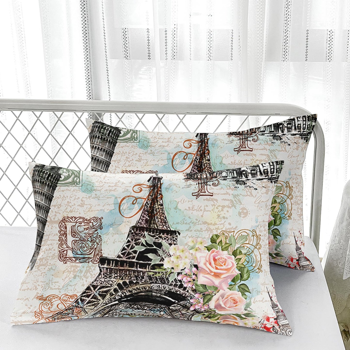 Nttopship Romantism 4 Pieces Bed Sheets Soft Microfiber,Eiffel Tower Bedding Set Fitted Sheet Deep Pockets Top Flat Sheet Room Decor Romantic Floral Queen Size with 2 Pillowcases for Girls and Boys