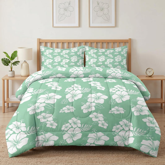 Pamnest Comforter Set Queen Size, Hibiscus Surf Floral Soft 3 Pcs Bedding for Kids and Adults, Hawaiian Hawaii Flower Comforter Set with Pillowcase, for Bedroom Bed Decor