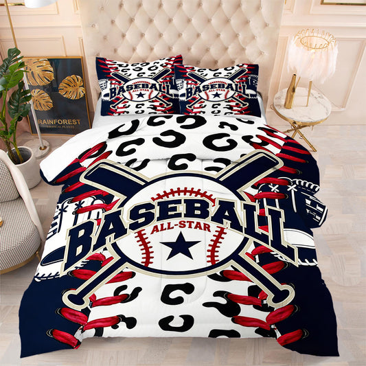 CERYUEE Baseball Comforter Set Twin Size All-Star Baseball Leopard Print Bedding Set for Boys Teens Kids Bedroom Decor Sports Theme White Red Quilt Bed Sets with 1 Comforter+ 1 Pillowcase