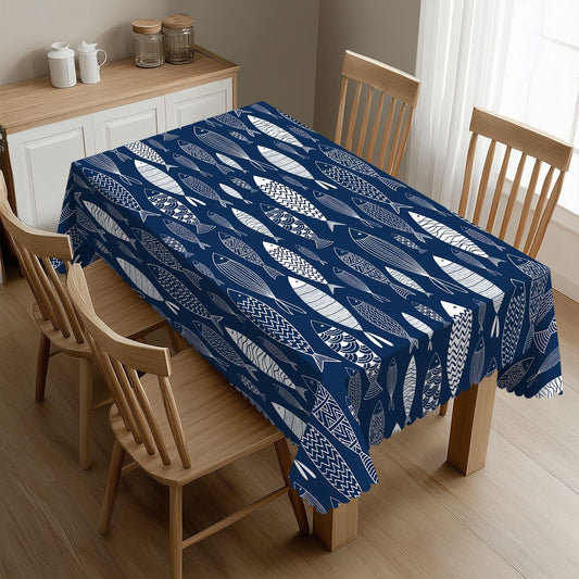 DRAVVIX Vintage Fish Rectangular Tablecloth Japanese Fish Patten Table Cloth with Wavy Lace Decoration Polyester Table Cover for Dining, Parties 54x72 inch