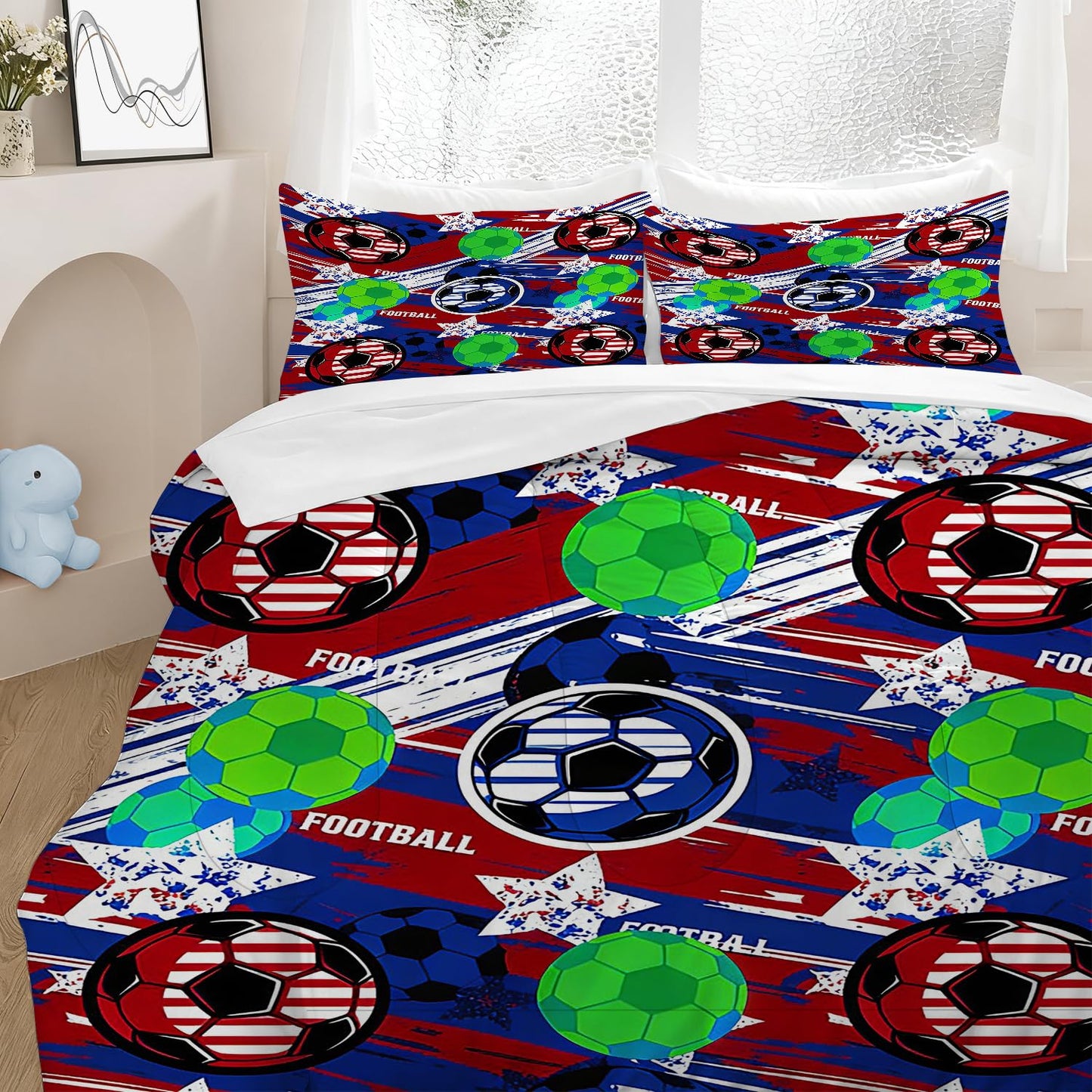 CERYUEE Soccer Comforter Set Football Bedding Set Sports Theme Red Blue Green Quilt Twin Bed Sets for Kids Teen Boys Bedroom Decor 1 Comforter+ 1 Pillowcase