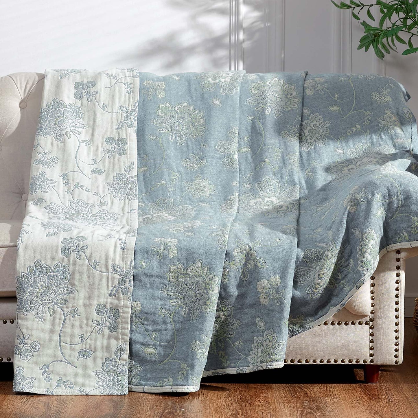 jinchan Boho 100% Cotton Muslin Twin Size 60x80 Inches Blanket Lightweight 4-Layer Quilted Soft Blue and White Floral Throw Blanket Green Accents Reversible Comfy Flower Summer Couch Bedroom Decor