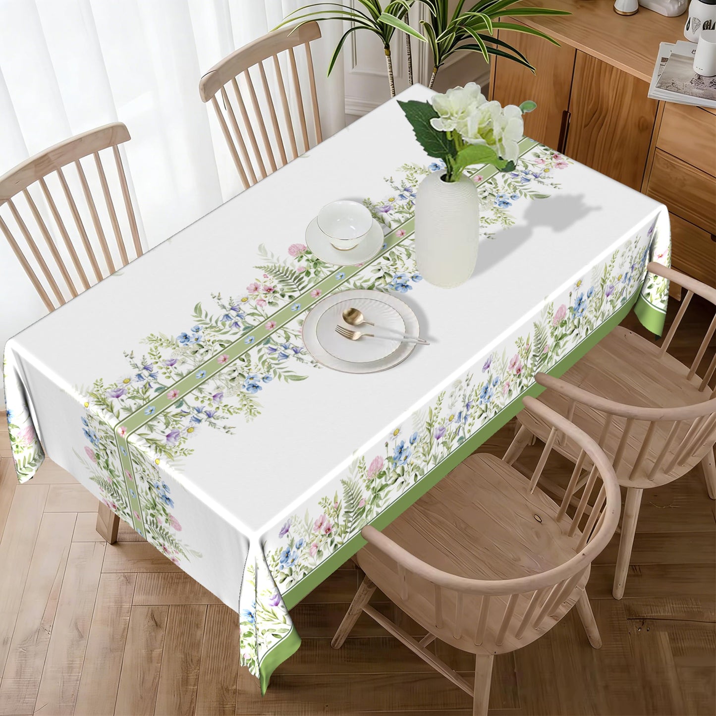 Kwlegh Spring Summer Tablecloth 60x84 Inch Sage Green Wildflower Table Cover Floral Print Reusable Washable Rectangular Tablecloths for Dining Decor Party Picnic Indoor Outdoor