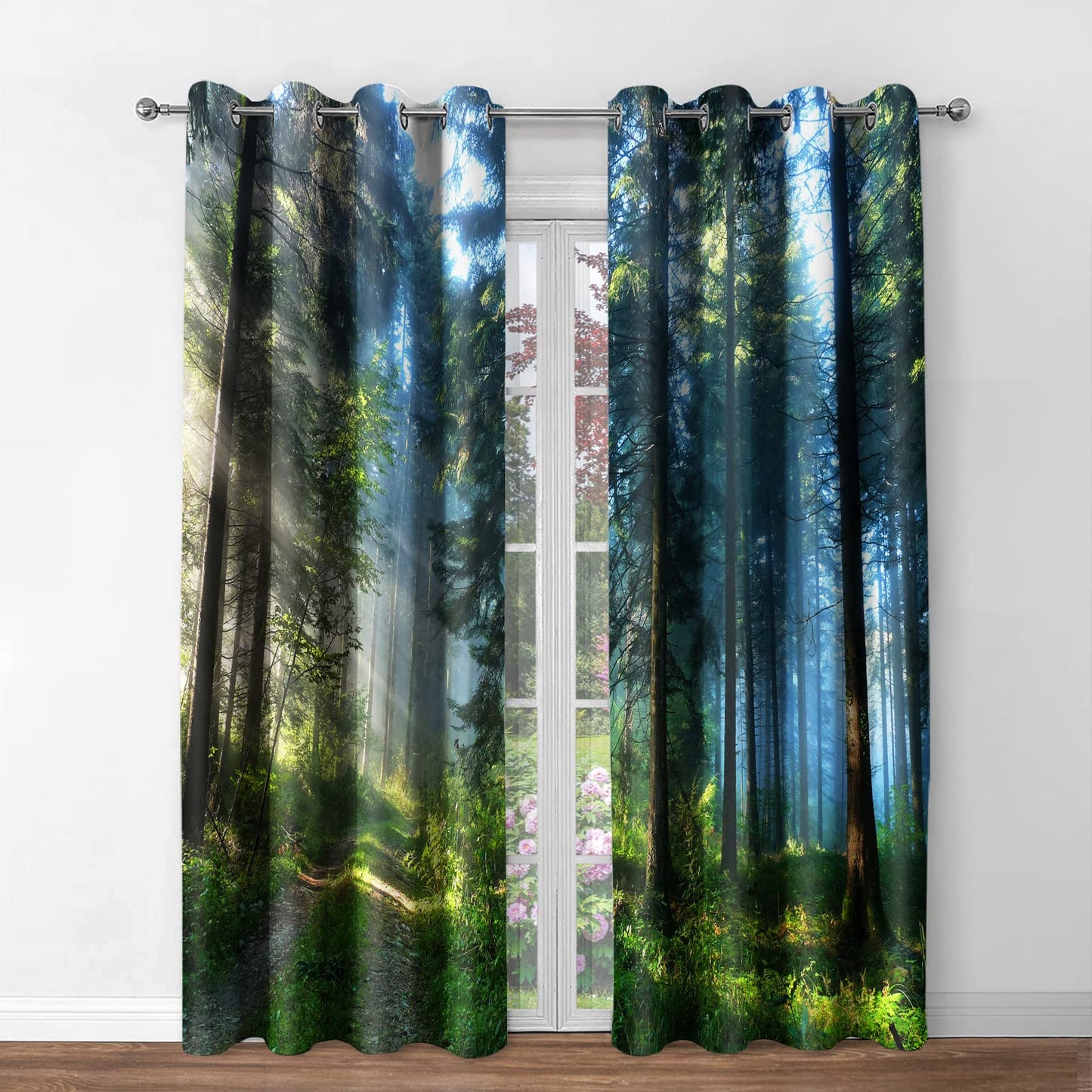 Jekeno Forest Scenery Blackout Curtains Misty Sunshine Woodland Tree Path Nature Landscape Print Decor Bedroom Apartment Living Room Darkening Window Grommet Drapes 2 Panels Set,52"X84"
