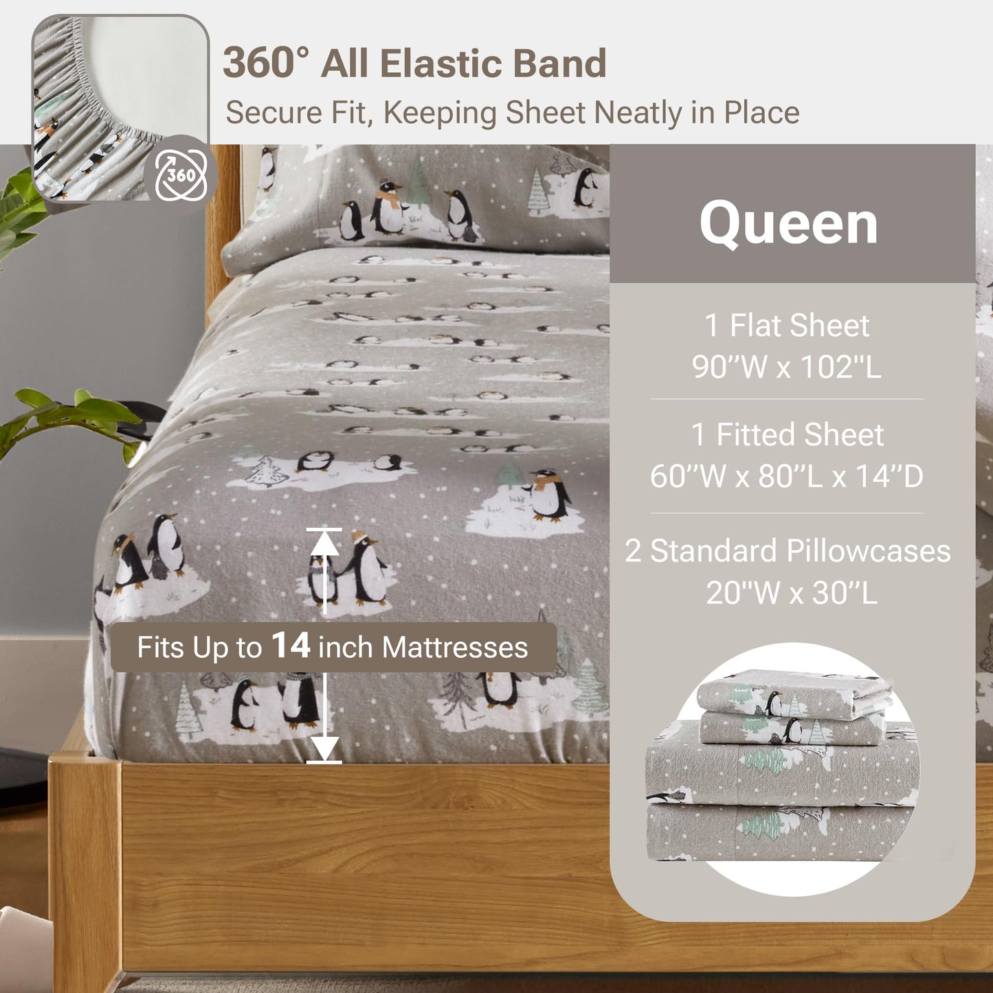 True North by Sleep Philosophy Cozy Flannel Warm 100% Cotton Sheet - Novelty Print Animals Stars Cute Ultra Soft Cold Weather Bedding Set, Queen, Grey Penguins