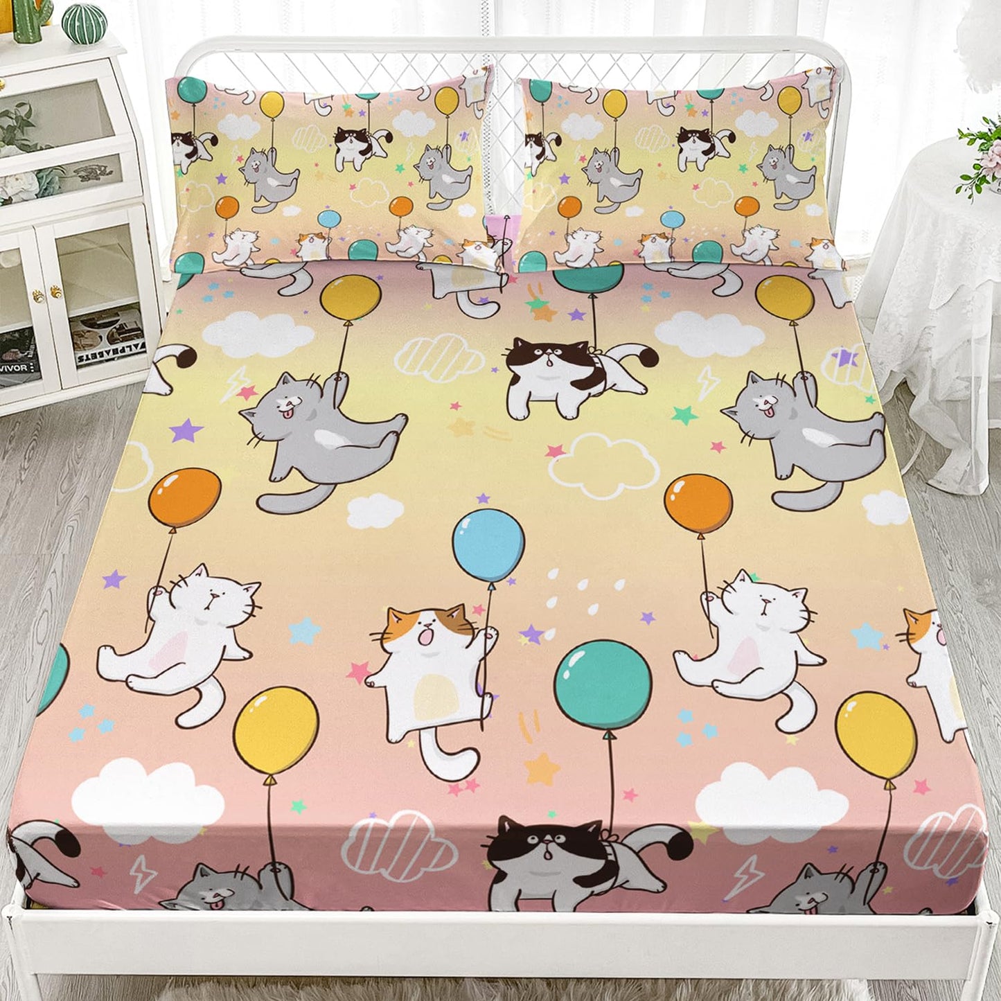 AILONEN Cat Fitted Sheet Twin XL Size, Balloon Cats Bed Sheet Set,Colorful Pet Cats Sheets,Girls Kids Cartoon Cat Gradient Sheet Sets 3 Pieces, 1 Fitted Sheet and 2 Pillowcases