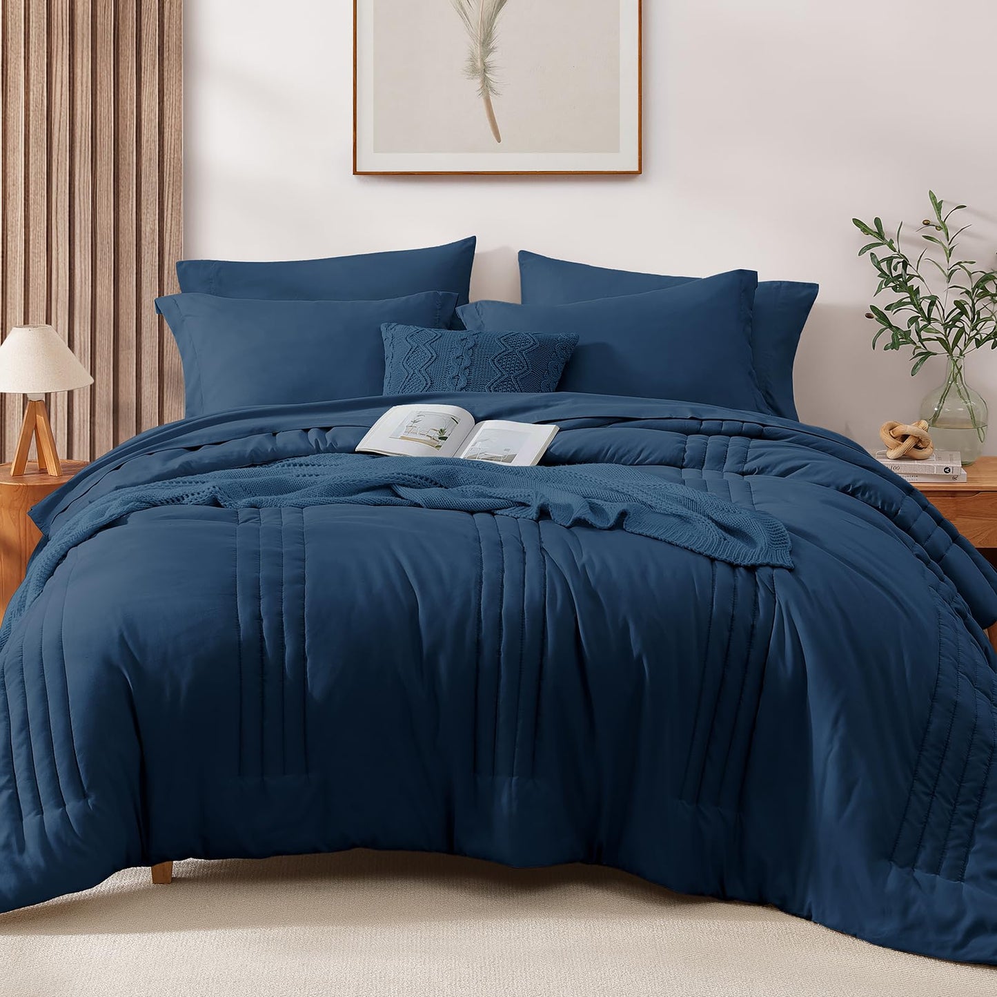 Monbix Queen Comforter Set - 7 Pieces Serenity Blue Bed in a Bag, Queen Size Bedding Sets with Comforters, All Seasons Comforter with Sheets,Pillowcases & Shams