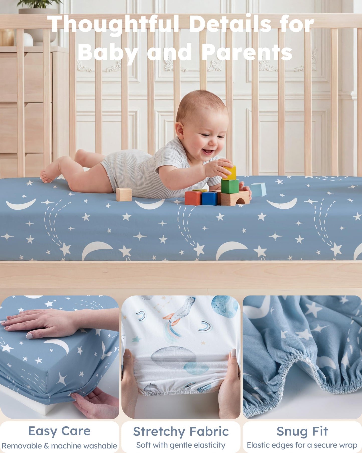 Nyessmee Pack and Play Sheets for Boys Girls, 38" x 26" Mini Crib Sheets Fitted for Pack n Play Mattress, Soft Breathable Playard Sheets, 2-Pack Blue Rocket