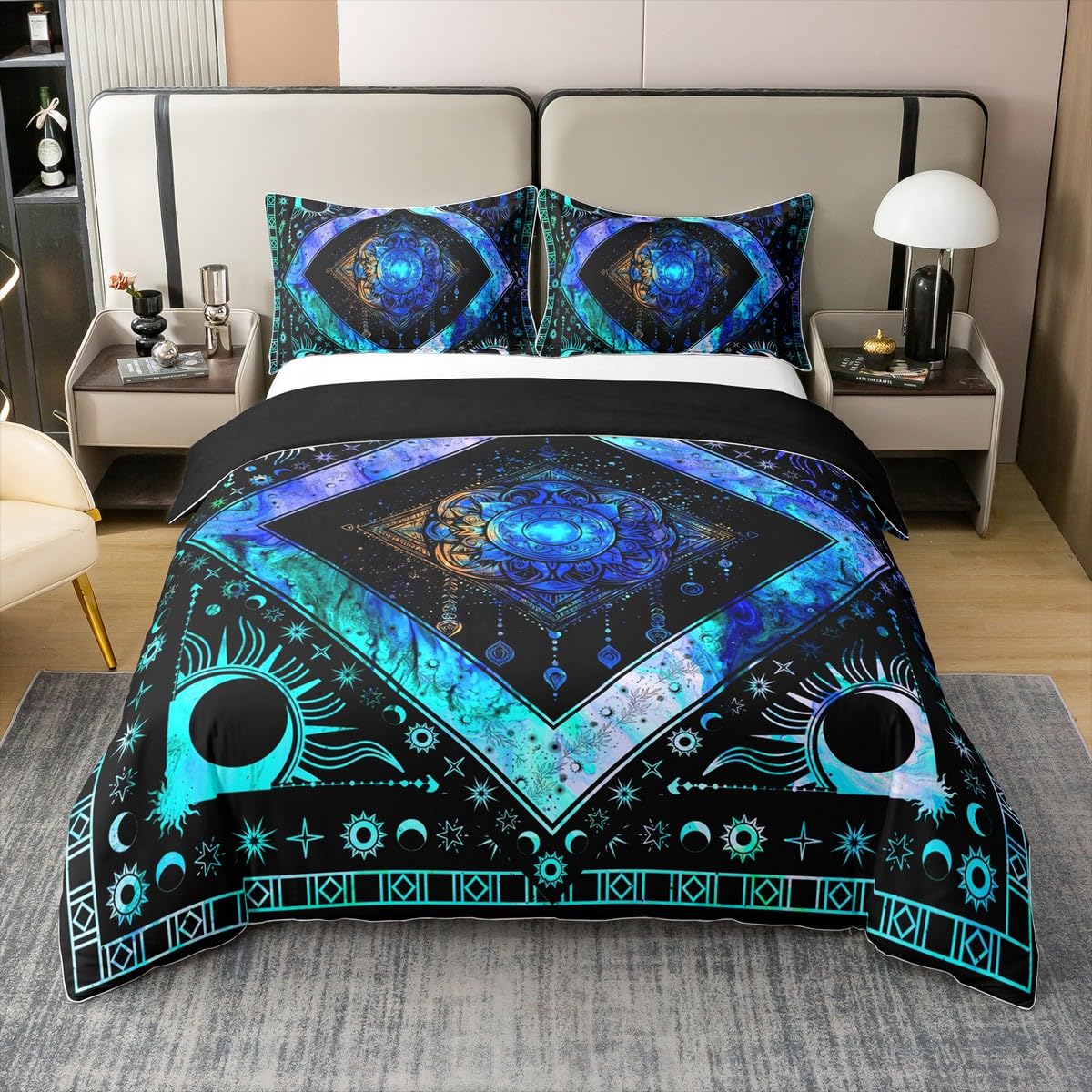 Boho Dream Catcher 100% Cotton Duvet Cover Twin Hippie Sun and Moon Bedding Set Bohemian Exotic Comforter Cover Psychedelic Cosmos Nebula Bed Sets Trippy Ethnic Tribe Bedding with Zipper 2Pcs