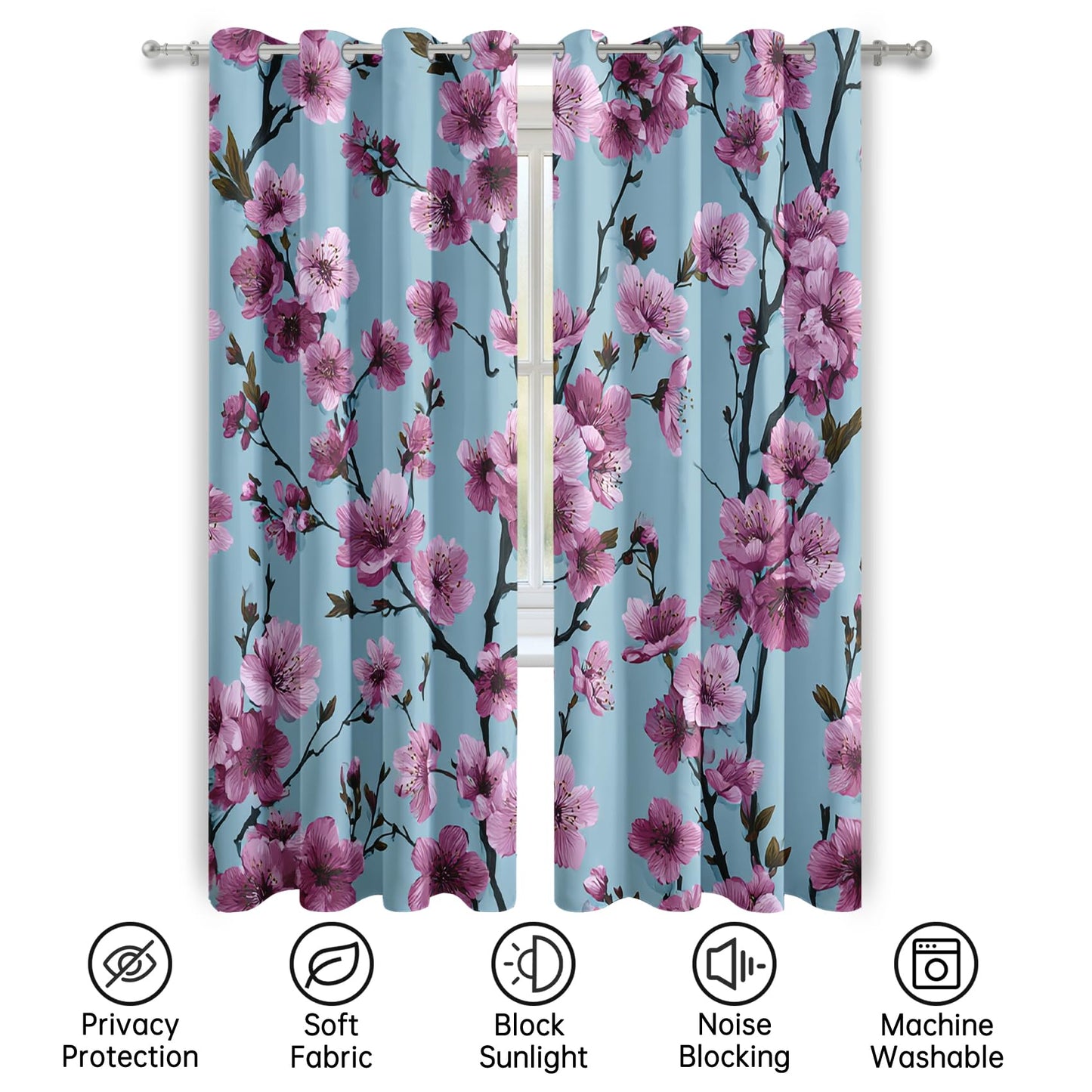 Mistwalk Cherry Blossom Curtains Blackout, 54 Inch Curtains for Bedroom & Living Room, Room Darkening Thermal Insulated Grommet Drapes, Girls Pink and Purple Floral Patterned Window Treatments