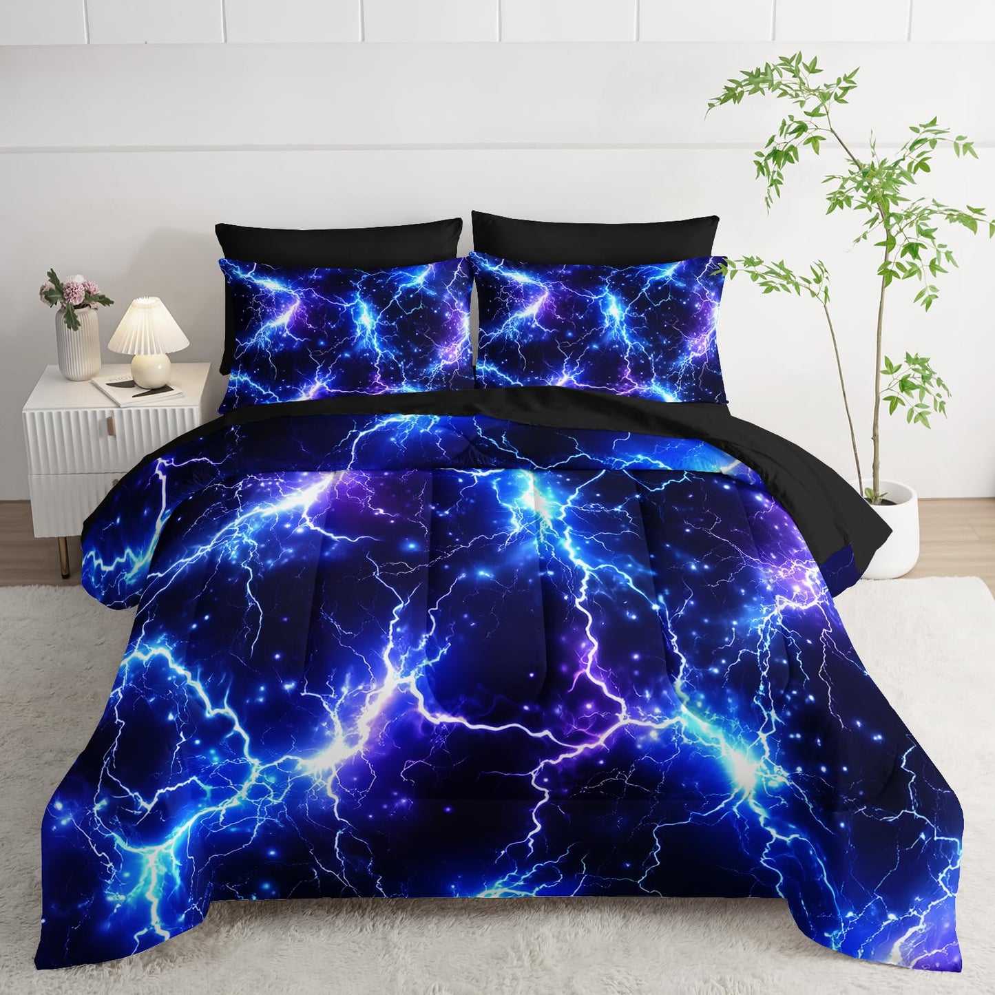 Nttopship Blue Lightning Comforter Set Full Size Bed in A Bag 7PCS,Lightning Bedding Set for Teen Adult Blue Room Decor Ultra-Soft Lightweight All Seasons with Pillowcases,Flat, Fitted Sheet