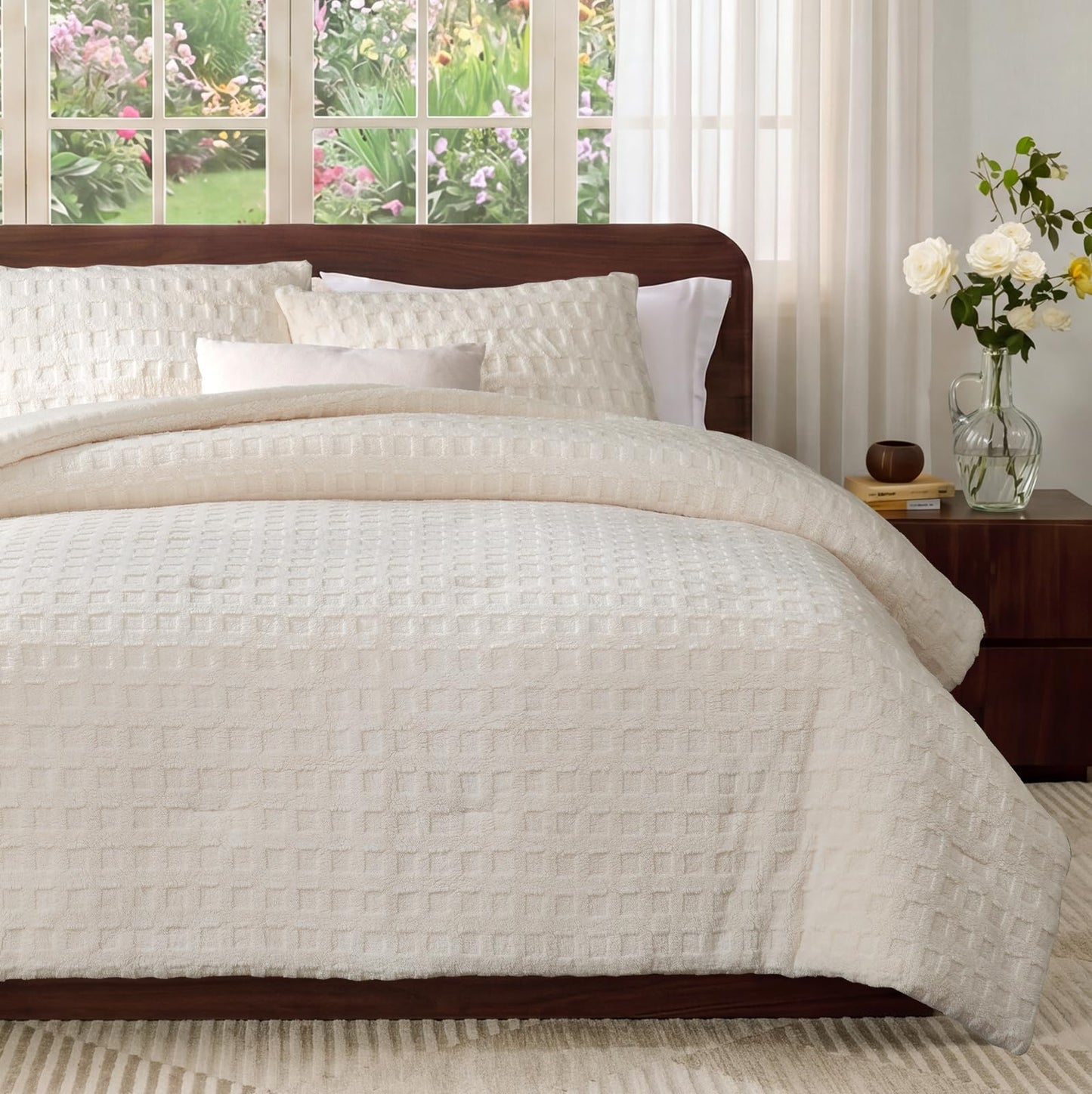 Amélie Home Fleece Comforter Set Size, Beige Waffle Textured Fleece Comforter Set, Super Warm Fluffy Plush Bedding Set, 3 Pieces,1 Cozy Comforter and 2 Pillowcases