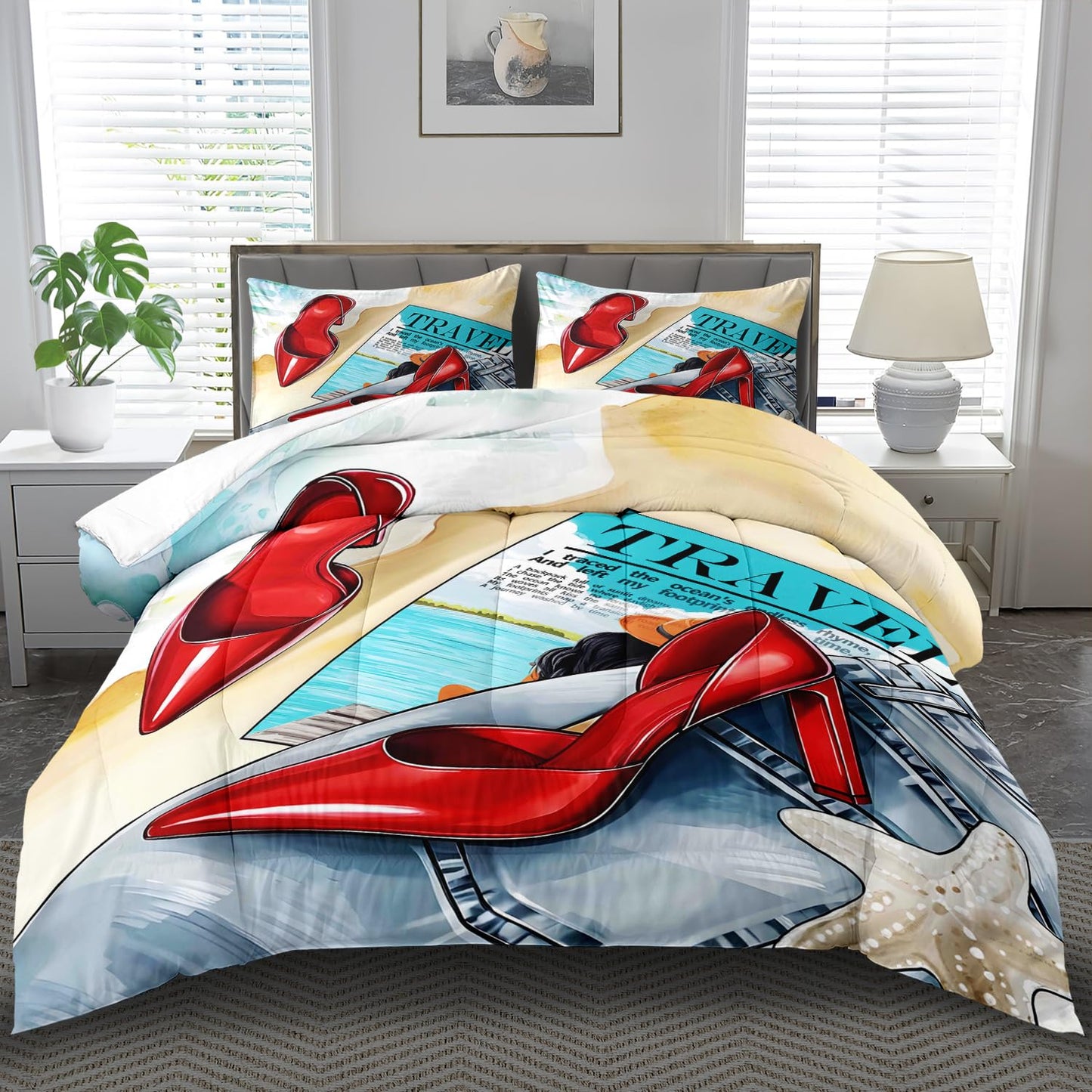 llyxsesty Queen Size Comforter Set, Red High Heels Fashion Bedding Set for Women, Elegant Modern Quilt Set with Pillowcases, Soft Boho Bed Set for Bedroom Decor