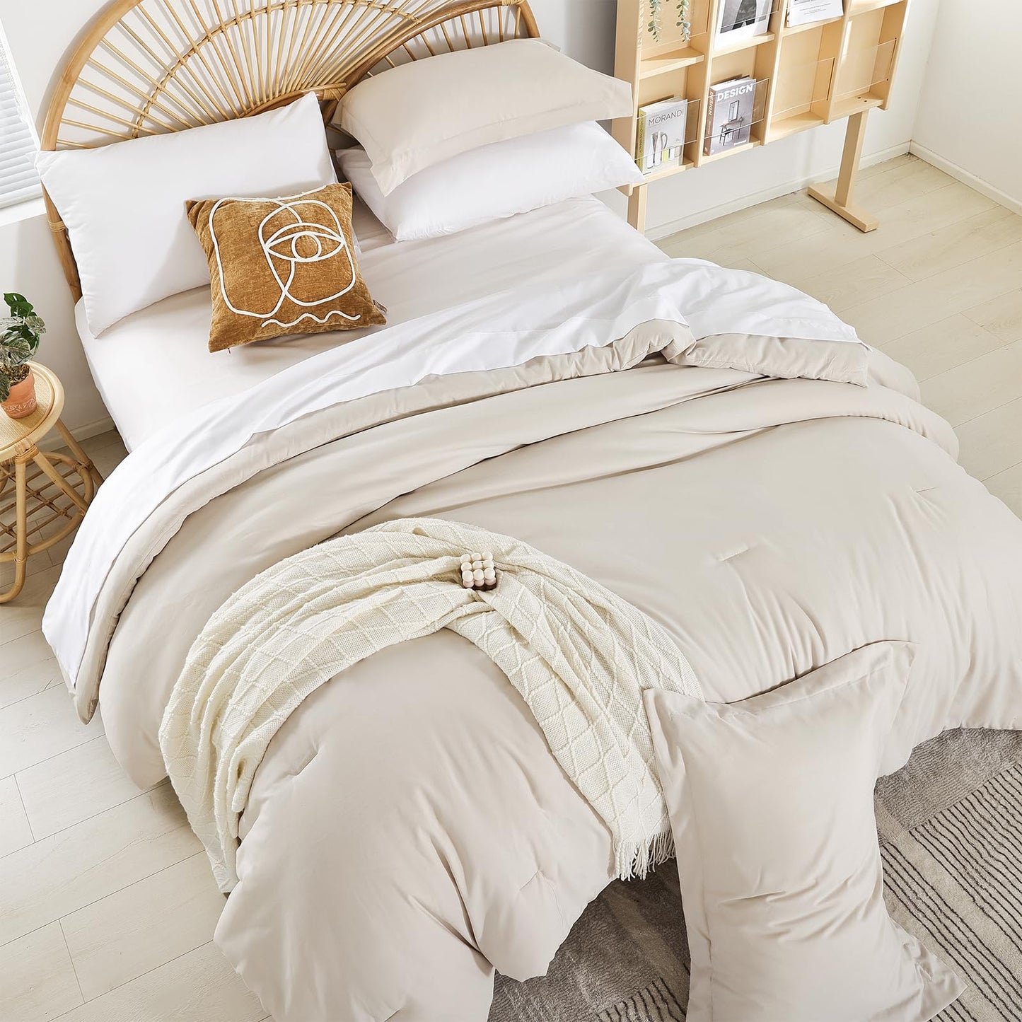 weigelia Queen Comforter Set 7 Pieces Beige Comforter Set Queen Size Bedding Set Soft Microfiber Comforter with Fitted Sheets, Flat Sheets, Pillow Shams, and Pillowcases