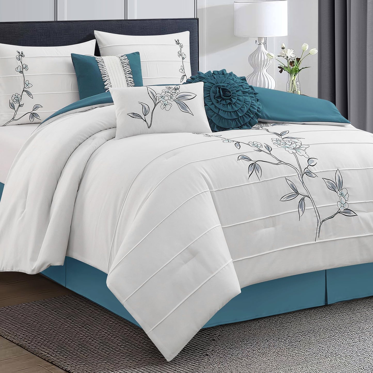 LANCO MODERN LIFESTYLE 7 Piece California King Comforter Set, Blue White, Floral Embroidery, Microfiber Pleating Bedding Set for All Seasons with Comforter, Bed Skirt, Pillow Shams and Decor Pillows