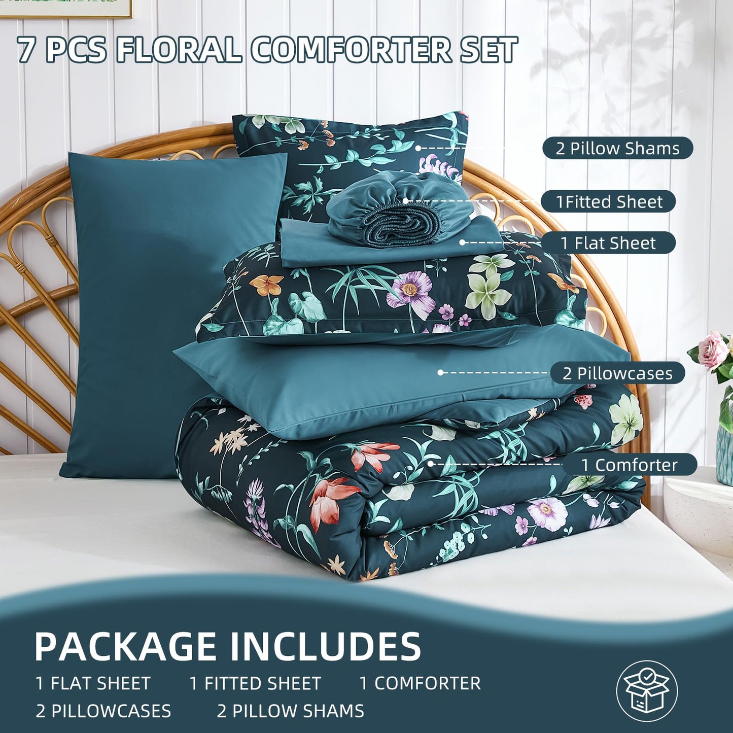 DJY Floral Comforter Set King Size,Peacock Blue Botanical Bedding Comforter Sets,7 Pieces Bed in a Bag Lightweight Microfiber Comforter Set with Sheets Pillowcases & Shams for All Seasons
