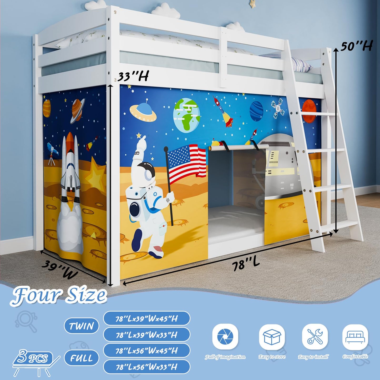 YRDKB Astronaut Bunk Bed - Curtains Premium and Customizable Cartoon Loft Bed Curtains for Children to Enhance The Imaginative Creation Bedroom Curtains(3PCS,Twins)