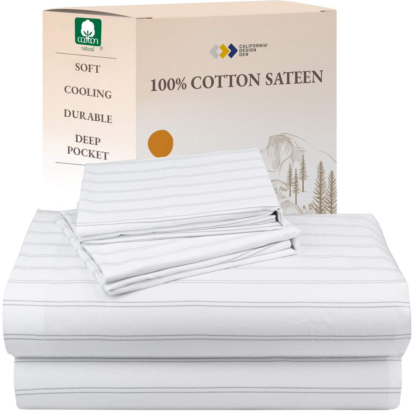 California Design Den Stripe Sheets Queen Size, 100% Cotton Sateen Printed Pattern, Deep Pocket Queen Sheets & Pillowcase Set - Classic Stripe