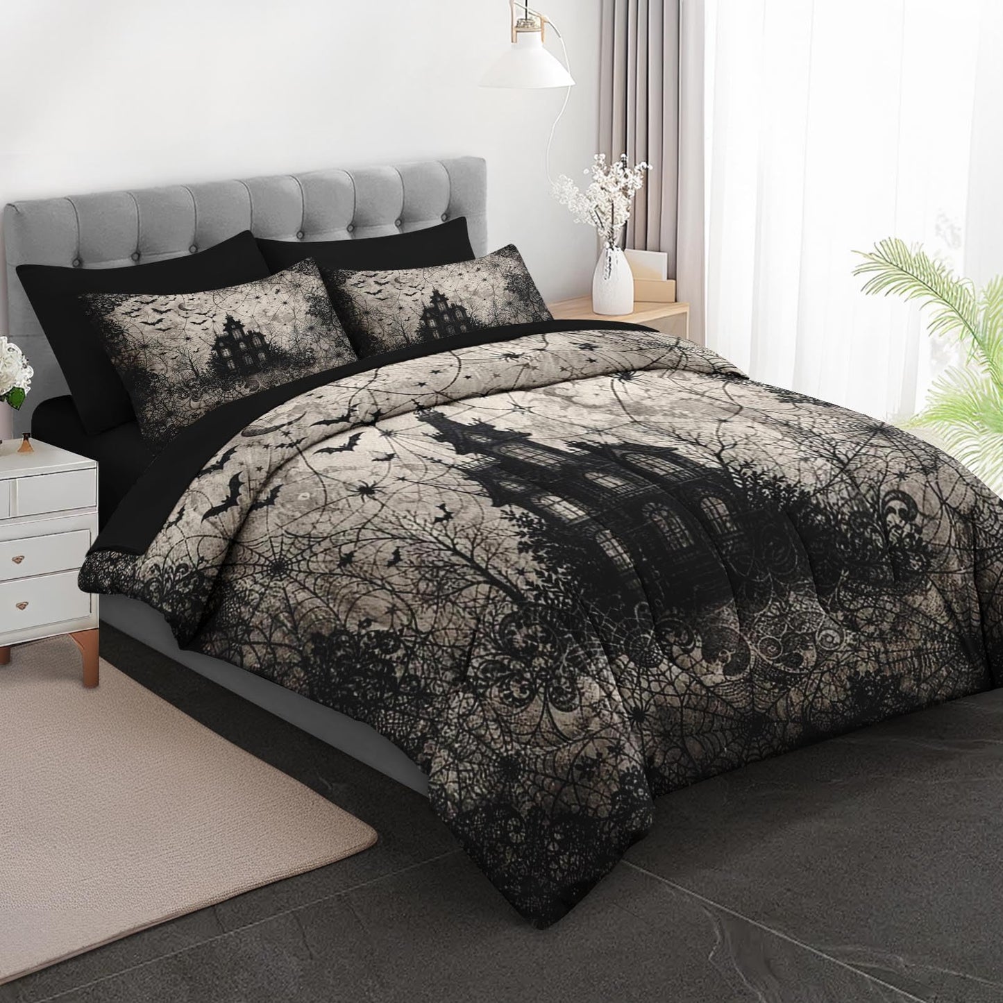 Boewywh Comforter Set Twin Size Halloween Gothic Spooky 5 Pcs, Bedding for Kids and Adults, Bed Sheet Sets with Fitted Sheet Pillowcase & Sham for Bedroom Bed Decor