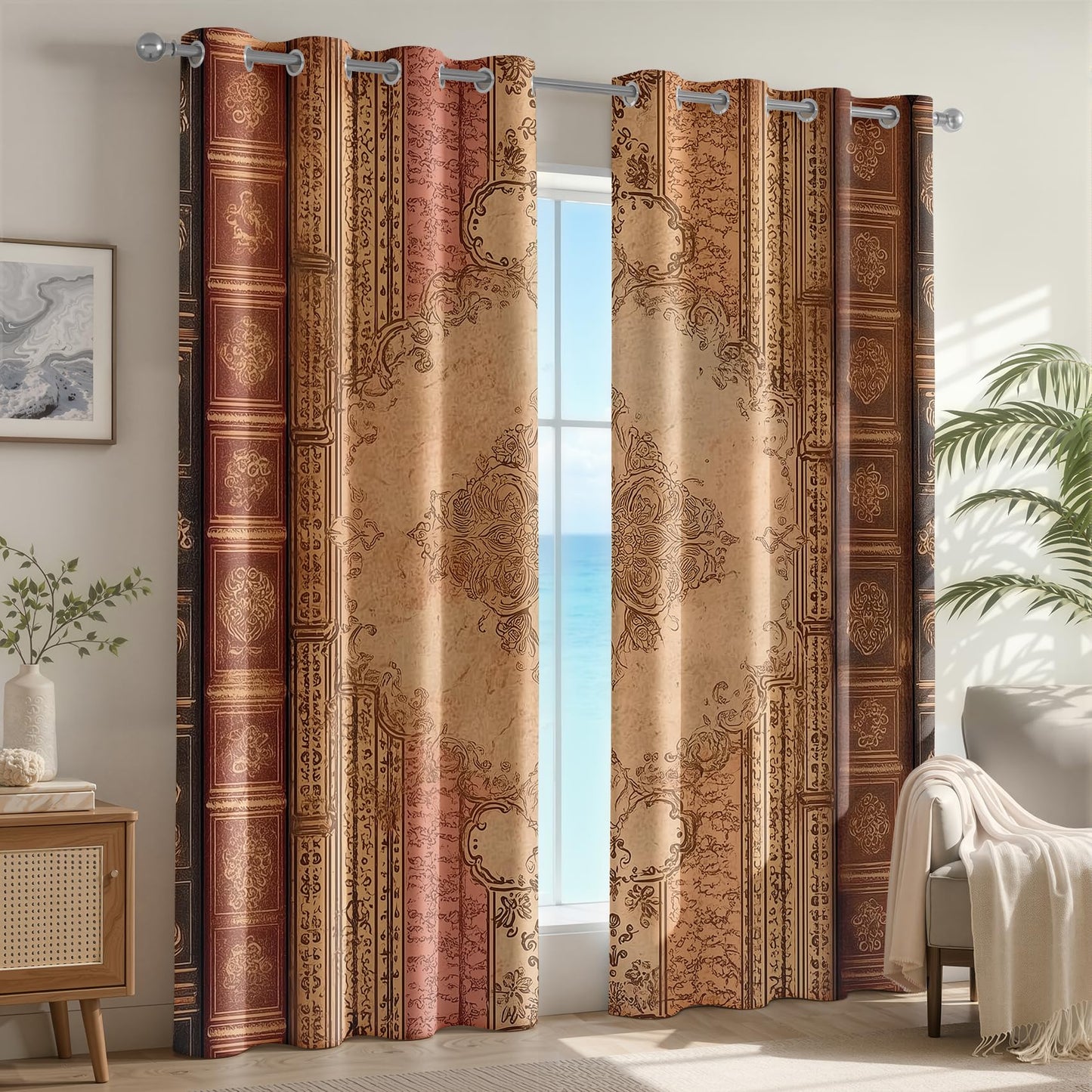 Damask Curtains 63 Inch Length 2 Panels Set, Vintage Antique Book Spine Baroque Floral Patterned Blackout Curtains for Kitchen, Thermal Insulated Room Darkening Grommet Drapes