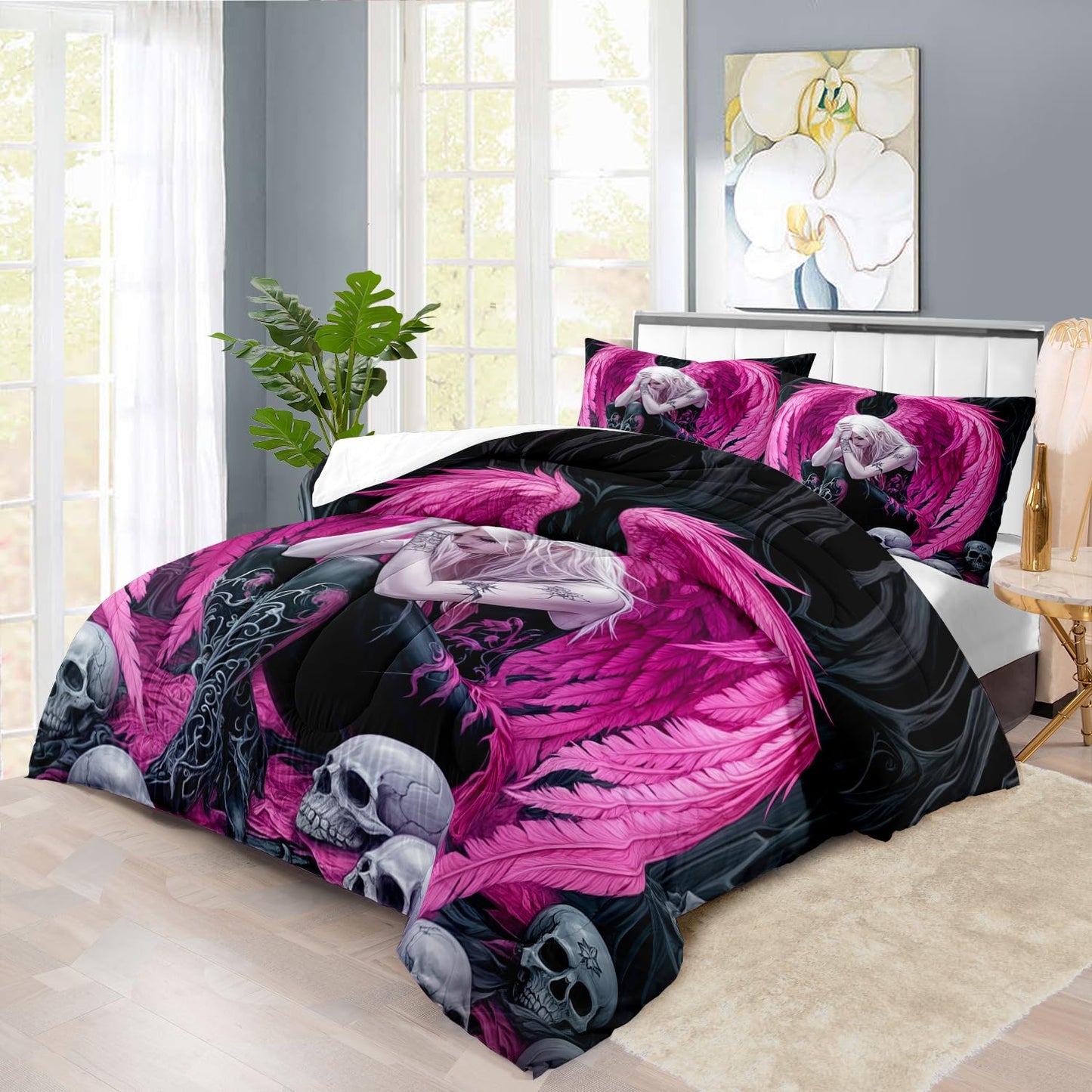 llyxsesty Gothic Skull Comforter Set Queen for Adults,Angel Wings Bedding Set Pink for Girls,Sexy Angel Comforter Bedroom Decor Teen,Gothic Skull Bedding Decor Pink Wings Quilt