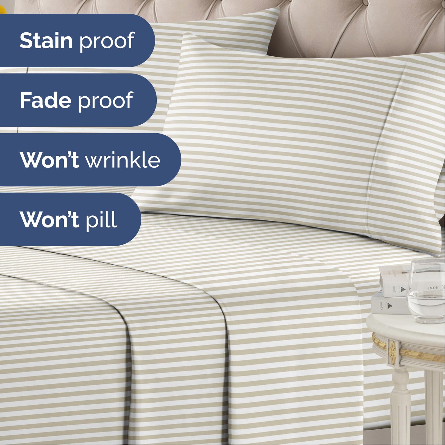 Striped Sheets - Grey Striped Sheets - 1 Flat & 1 Fitted & 2 Pillowcases w/ Deep Pockets – Comfy, Wrinkle & Fade Free - Ultra-Soft, Breathable & Cooling – Luxury Pinstripe Bedding - Full Size Bed Set