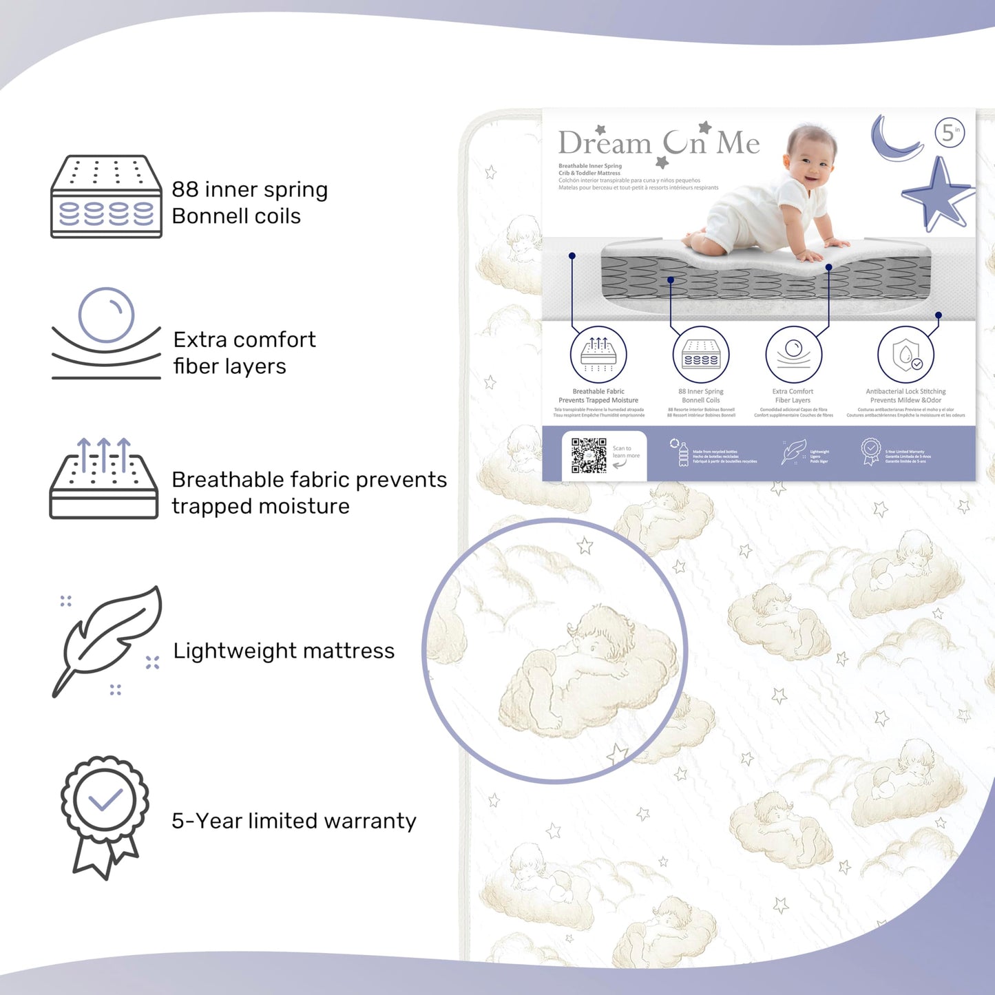 Dream On Me Twilight 5” 2-in-1 Breathable Spring Coil Crib & Toddler Mattress – Firm Infant Side & Plush Toddler Side, Reversible Design, Waterproof Vinyl Cover, GREENGUARD Gold & BSA Certified