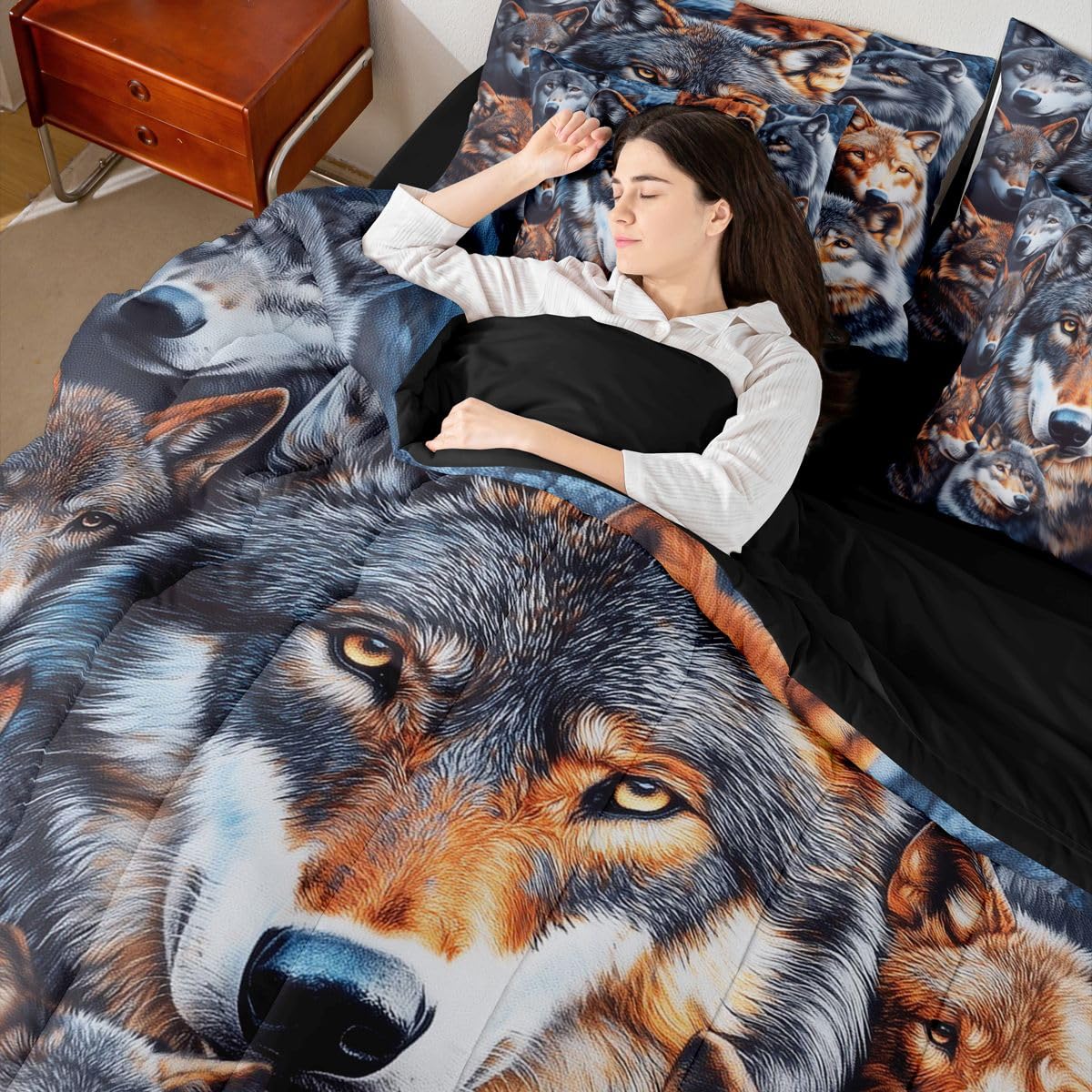 Feelyou Wolf Queen Comforter Set with Sheets for Kids Boys Girls Wolves Howling 7 Pieces Bedding Set Western Farmhouse Bed in a Bag Wild Animal Room Decor Soft Microfiber