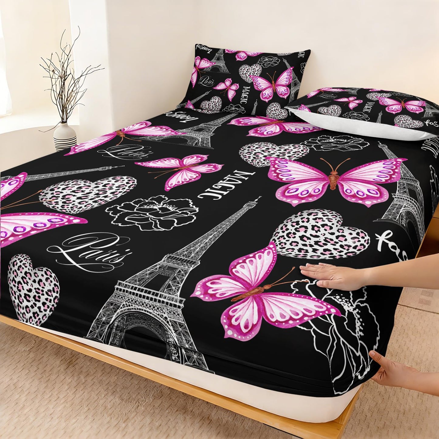 UEVBF Pink Butterfly Fitted Sheets Twin Bed Sets for Girls,Eiffel Tower Leopard Heart Pattern Bedding Sets with 2 Pillowcases,Women Girls Bedding Floral Fitted Sheet for Bedroom Paris Decor.