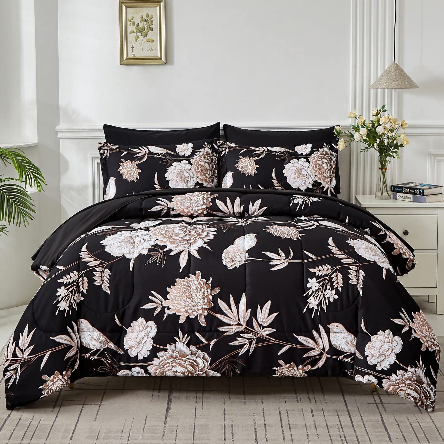 Yogeneg 7 Piece Bed in a Bag Kingsize Comforter Set Botanical Floral Bedding Set,Flower Leaf Brid Printed on Black Reversible Design,Soft Microfiber Comforter with Sheet Set,All Season(Black B,King)