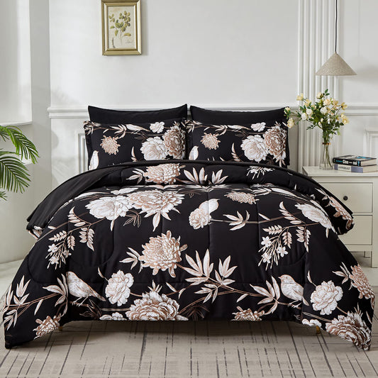 Yogeneg 7 Piece Bed in a Bag Kingsize Comforter Set Botanical Floral Bedding Set,Flower Leaf Brid Printed on Black Reversible Design,Soft Microfiber Comforter with Sheet Set,All Season(Black B,King)