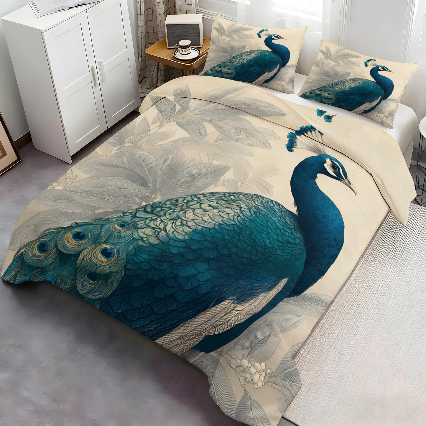 Blue Peacock Duvet Cover Twin Size, Teal Peacock Feather Comforter Cover 68" x 90" & 2 Pillowcases, Elegant Birds Bedding Set with Zipper Ties