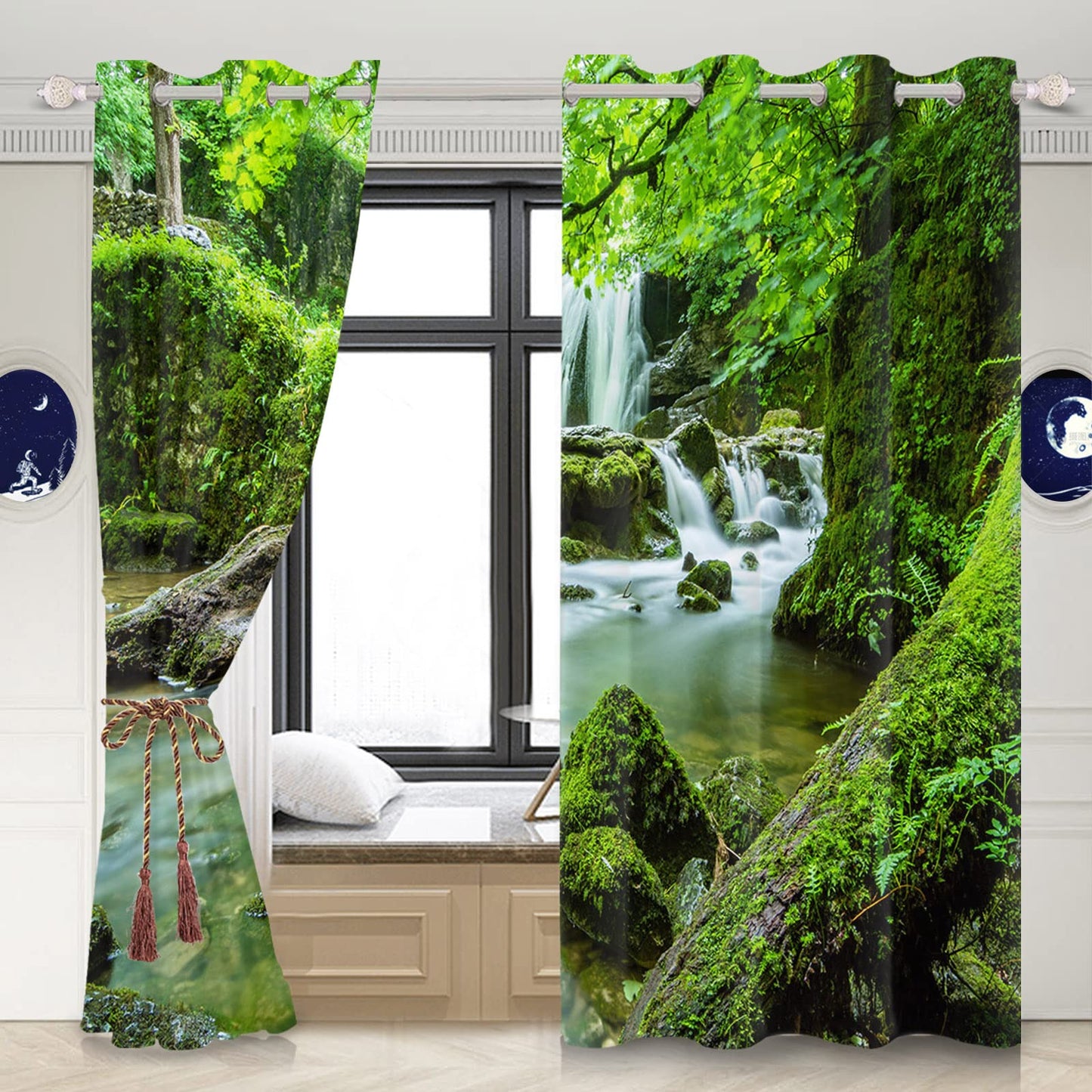 Leyiyi Waterfall Window Curtains Jungle Mountains Flowing Stream Waterfall Mossy Rocks Nature Scenery Blackout Curtains Jungle Forest Thermal Insulated Drapes for Bedroom 52x84 Inch,2 Panels