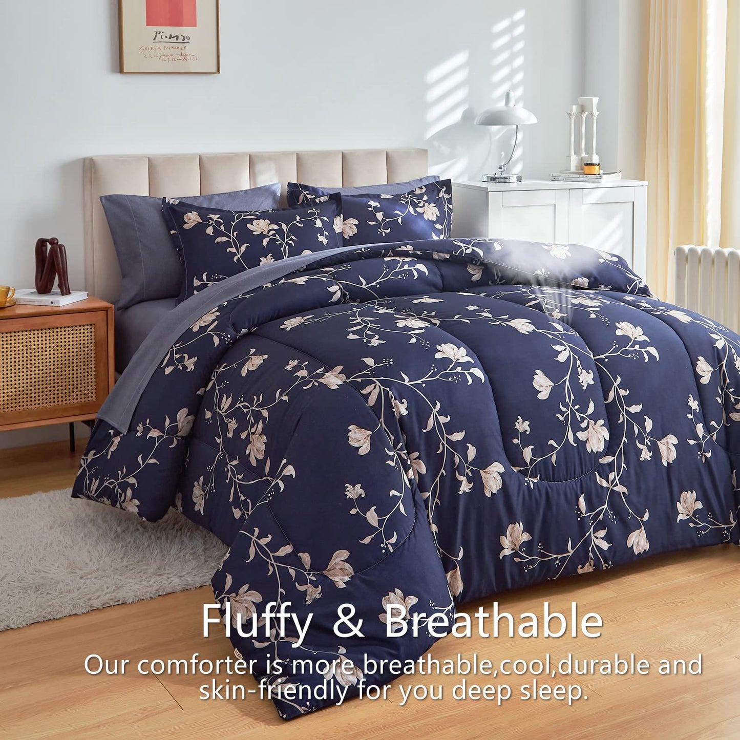 AIKASY Bed in a Bag Queen Comforter Set，7 Pieces Floral Comforter Set Bedding Sets with (1 Comforter, 2 Pillow Shams, 1 Flat Sheet, 1 Fitted Sheet, 2 Pillowcases) (Navy, Queen)
