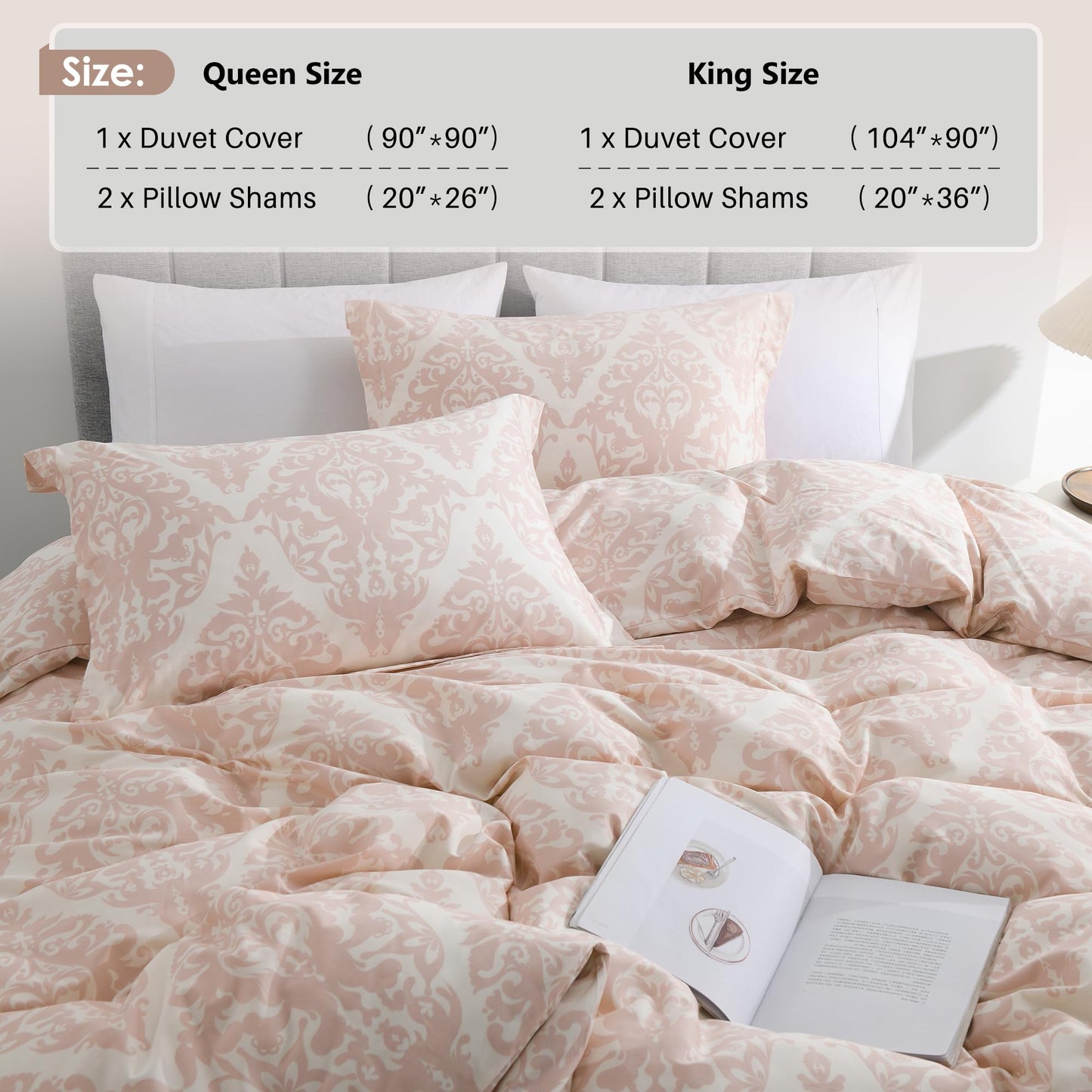 VOOVY Duvet Cover King - 100% Cotton Duvet Cover King Size, 3 Pieces Damask Medallion Super Soft Breathable Bedding Covers Set for All Season, (Pink, 104"x90", No Comforter)