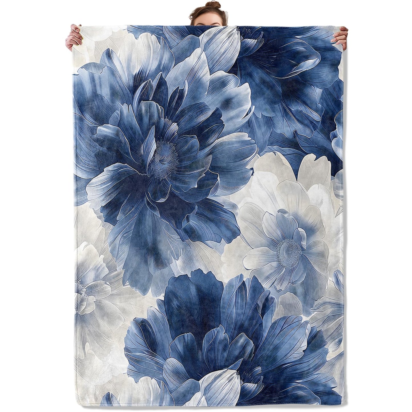 TRYYN Midnight Bloom Floral Throw Blanket for Couch Outdoor Camping Bedroom Decor, Elegant Blue White Flower, Super Soft Cozy Warm Fluffy Fleece Blankets Gifts for Kids Adults Women, 60x50 Inch