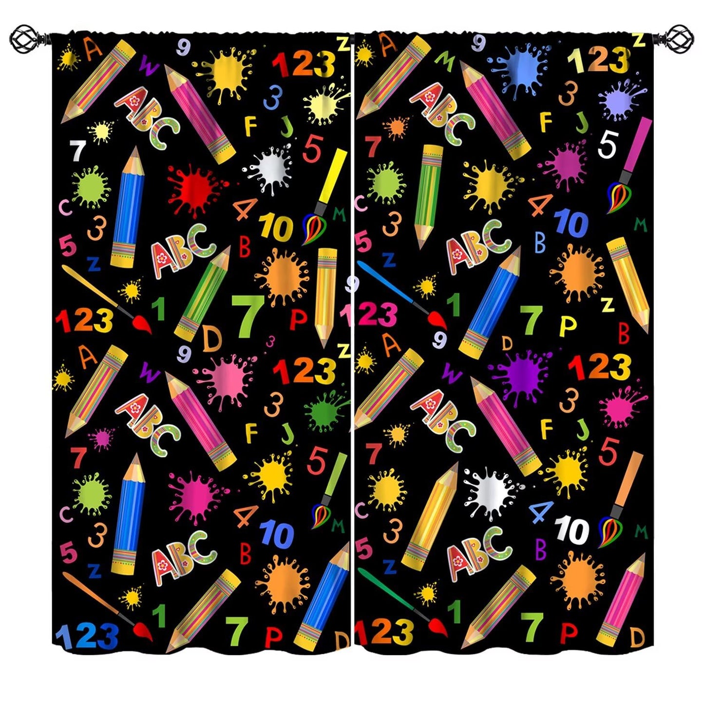 JanJCurt Back to School Curtains, Colorful Doodle Pencils ABC Numbers Cartoon Cute Supplies Stationary Print Window Treatments Curtains for Kids Bedroom Classroom, 42x45 (No Blackout)