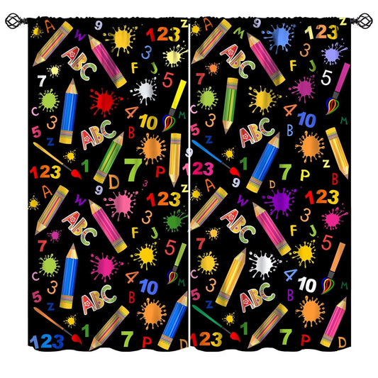 JanJCurt Back to School Curtains, Colorful Doodle Pencils ABC Numbers Cartoon Cute Supplies Stationary Print Window Treatments Curtains for Kids Bedroom Classroom, 42x45 (No Blackout)