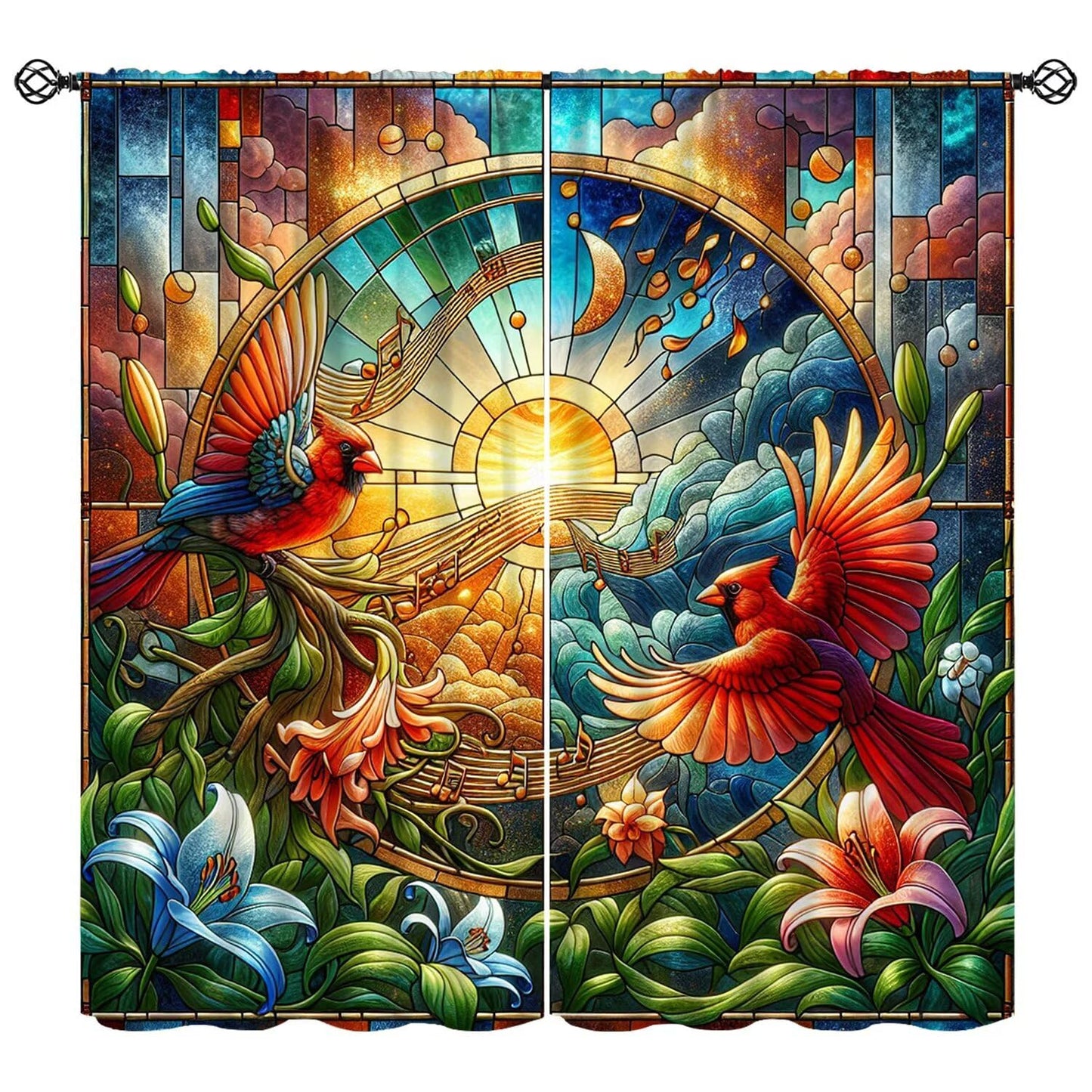 FengMingRui Cardinal Stained Glass Curtains Modern Art Flower Bird Note Dream Blackout Window Treatments for Kids Boys Girls Bedroom Living Room Window Drapes 42" W X 45" L