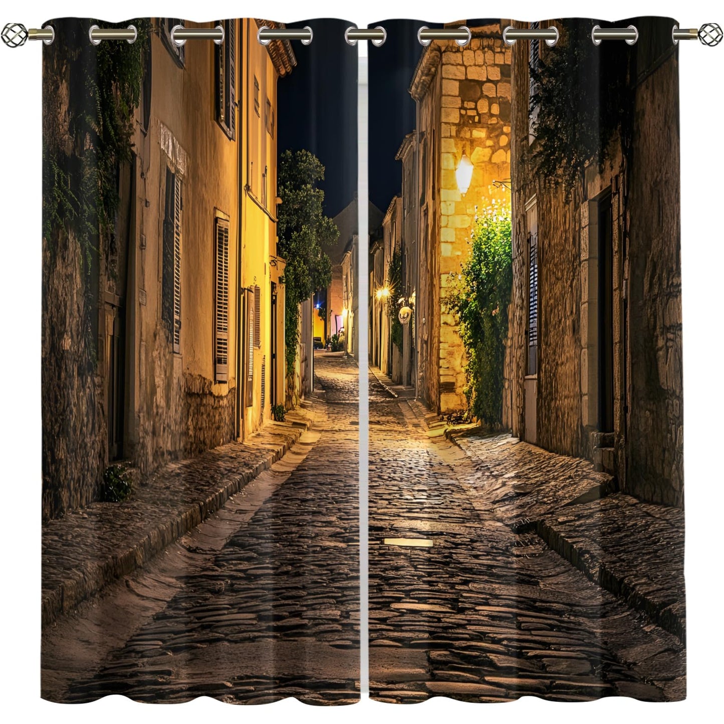 XAFIAUR European Town Curtains,Ancient Streets Blackout Curtains City Night View Grommet Drapes 2 Panels for Bedroom Living Room 31.5" W x 45" L x2
