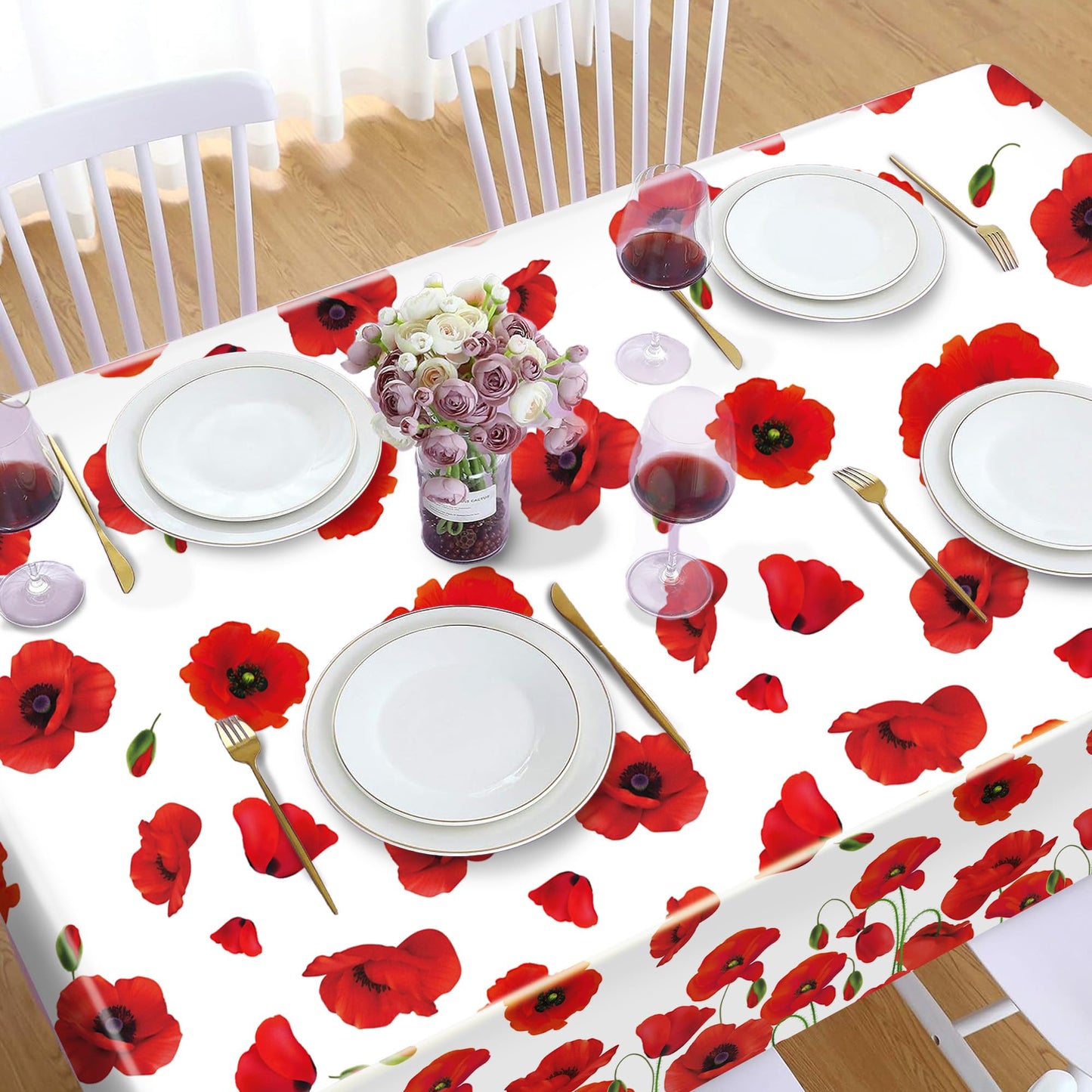 Adirasenotek 3 PCs Red Poppy Flowers Tablecloths Decorative Table Cover Spring Floral Tablecloth Plastic Tablecloths for Holiday Table Birthday Wedding Picnic Party Supplies,87x54In