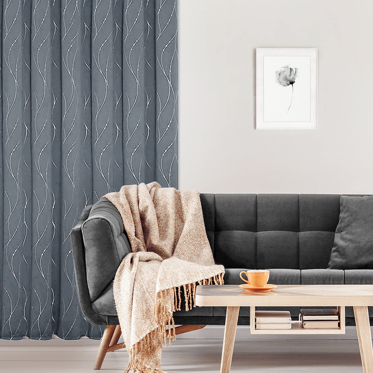 BUHUA Light Grey Blackout Curtains with Wave Line and Dots Printed Grommet Top Drapes Thermal Insulated Blackout Window Curtain for Bedroom Living Room 38W×45L Inch Lenght 2 Panels