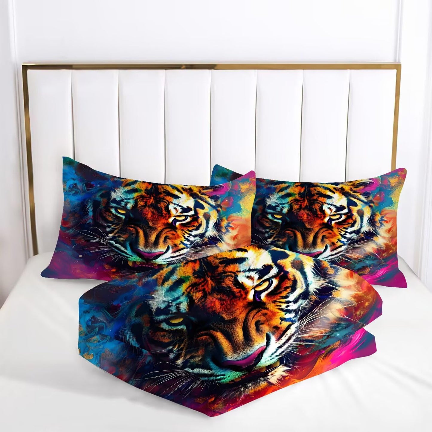 VTKON Tiger Print Bedding Set Queen for Kids Boys Tie Dye 3D Animal Print Bedding Comforter Cover Wildlife Tiger Theme Bedding Set Microfiber 3 Pcs with 1 Comforter and 2 Pillowcases