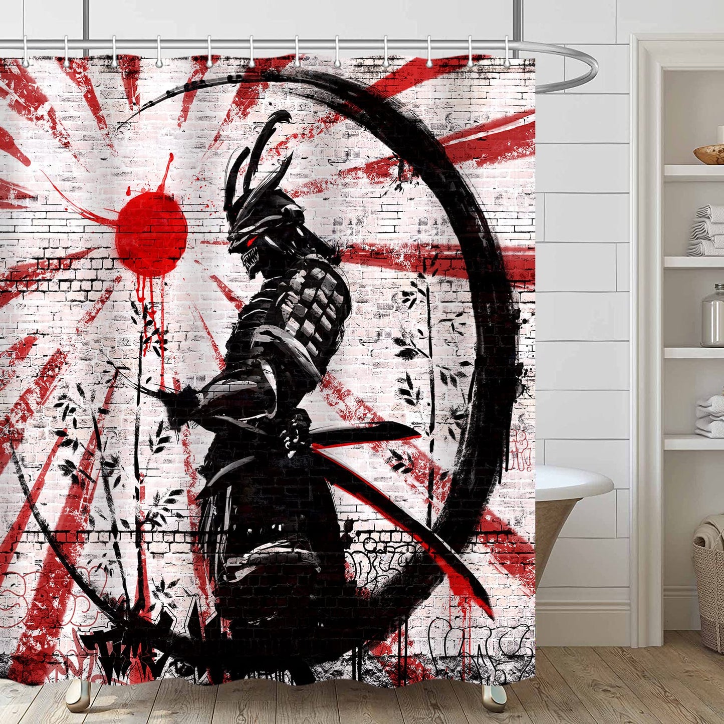 iTapnoom Japanese Samurai Shower Curtain, Asian Japan Cool Anime Red and Black Men Shower Curtains Set Sun Moon Art Fabric for Bathroom Decor Bath Accessories with Hooks 72X72 inch