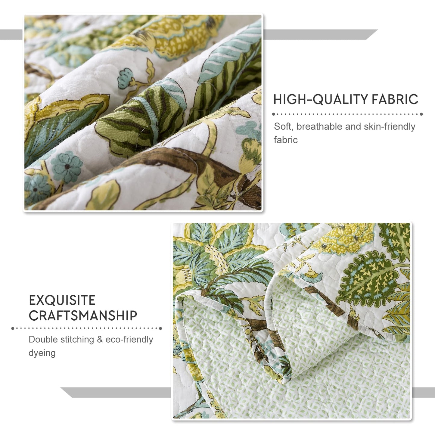 Travan 3-Piece Quilt Set Quilted Bedspread Cotton Coverlet Set Floral Oversized Quilted Bedding Set for All Season, White Vine, King Size